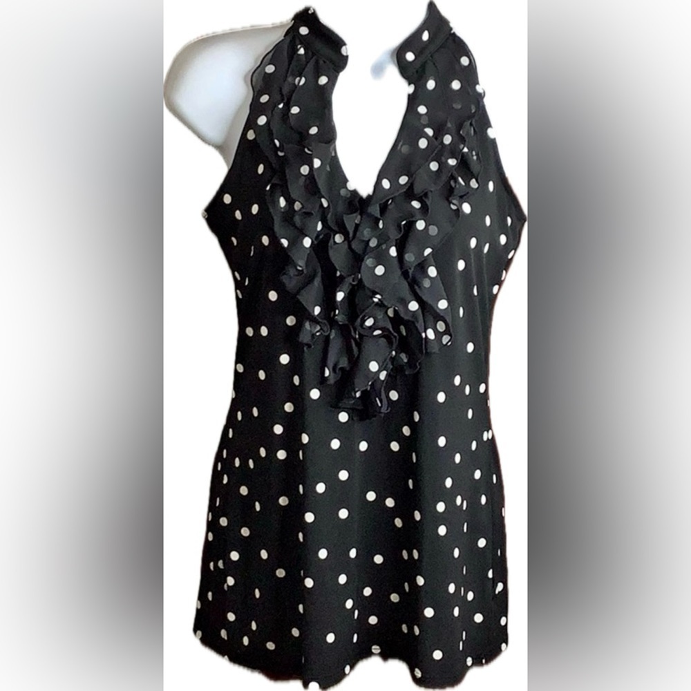 White House Black Market S Top Sleeveless Blouse Ruffle Cascade Front Polka Dot